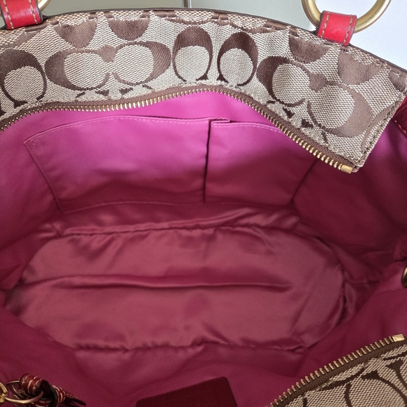 Coach Maroon Leather trim Monogram Shoulder Tote Bag - Picture 6 of 15